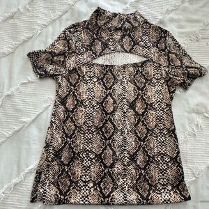 Pinc Snake-Print Short Sleeve Cutout Top in Brown and Black